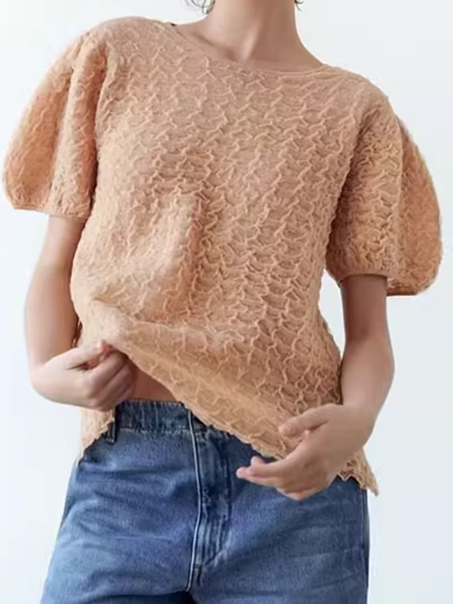 

Шикарная текстурная футболка на шнуровке сзади с коротким рукавом-фонариком и круглым вырезом тонкая прозрачная свободная футболка повседневные однотонные трикотажные топы