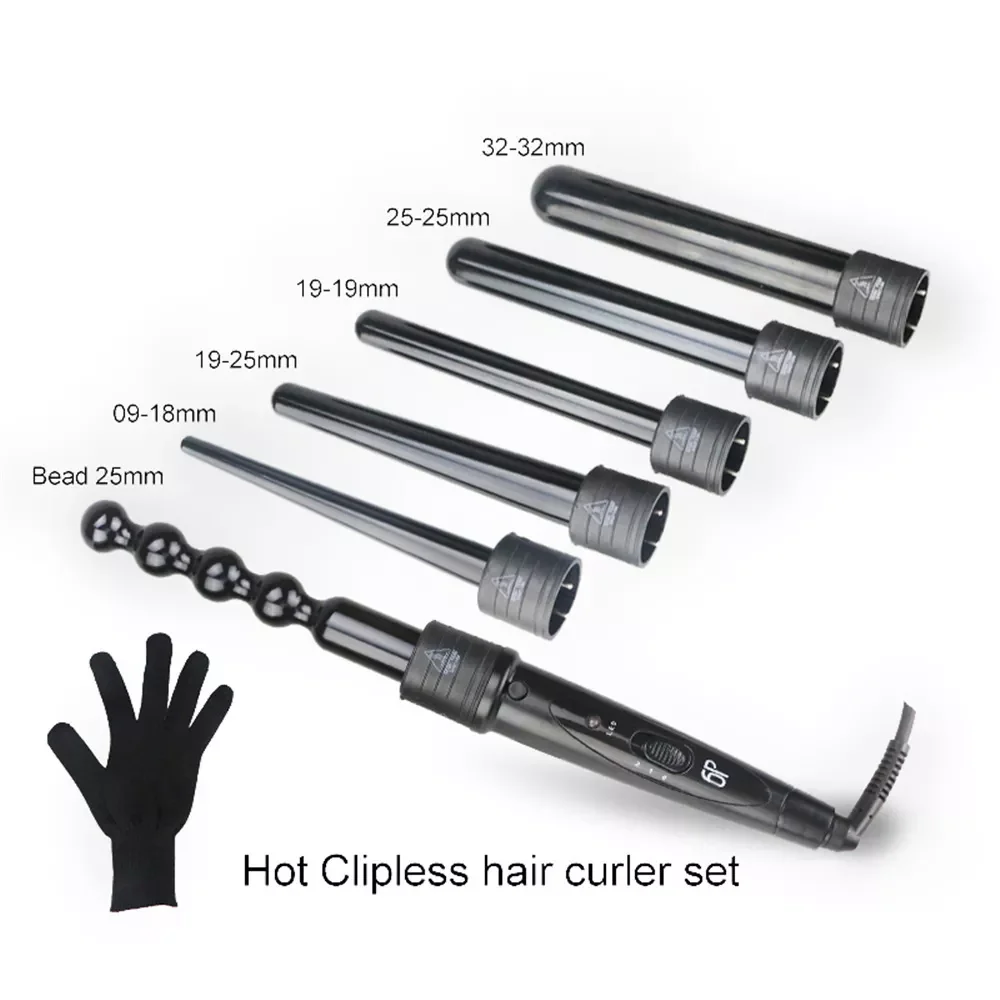 6 in 1 Interchangeable Hair Curler Curling Iron Cone Bead Styling Tools Multiple Sizes Ceramic 9 32mm Magic Hair Curler 110 240V