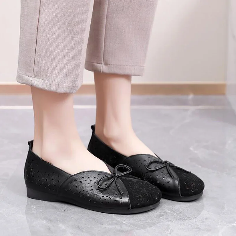 Big Size 35~43 NEW 2023 Spring Walk For Women Flats Mom Genuine Leather Loafers Lazy Summer Mules Sewing Shallow Driving Shoes