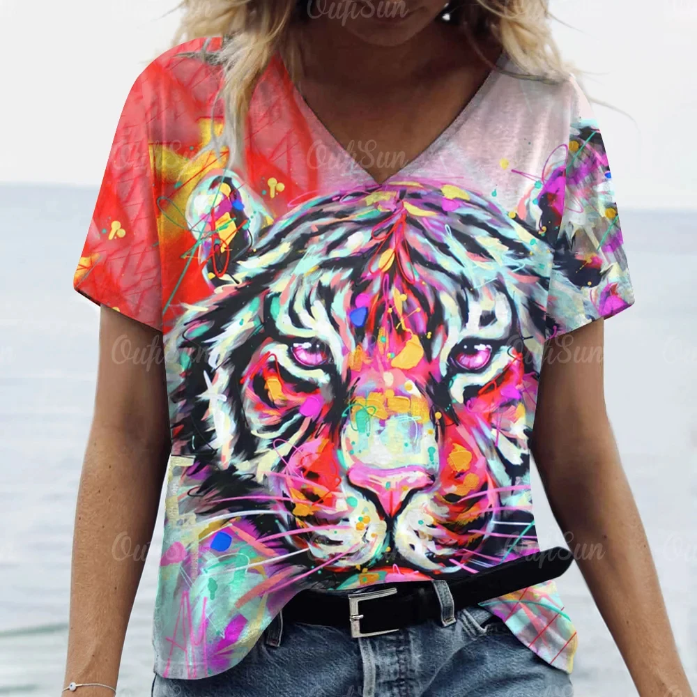 Женская футболка с 3D принтом тигра Льва большого размера коротким рукавом для