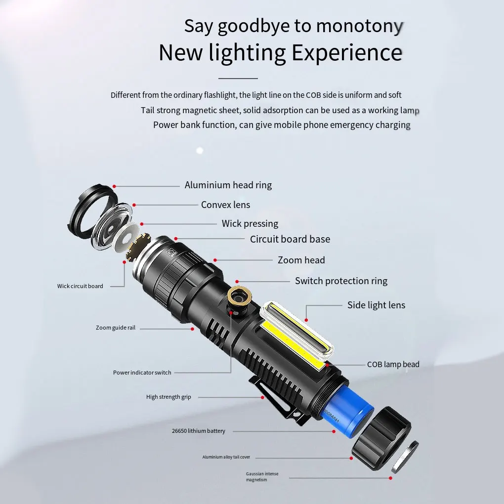 

Super Bright Flashlight Powerful Portable Rechargeable Illumination Torch Magnetic Flexible Fishing Hook Camping