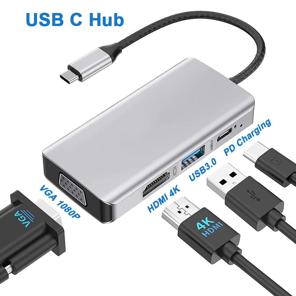 USB C Hub to VGA HDMI 4K Multiport Adapter for MacBook Pro/MacBook Air/ipad Pro/Dell XPS/Nintendo Switch with Thunderbolt 3 Port