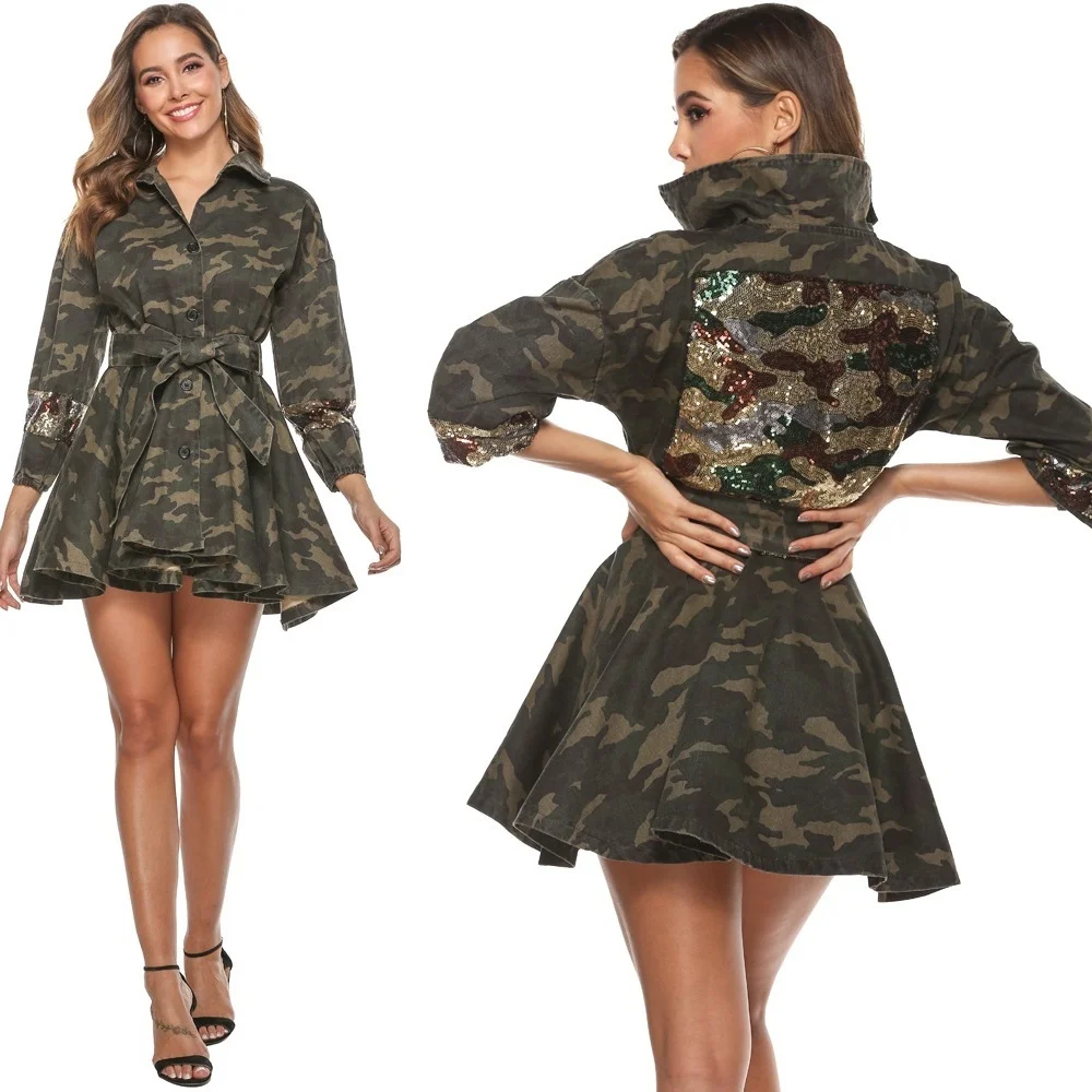 

Fashion Casual Women Mini Dress Denim Streetwear Long Sleeve Sequin Patchwork Femme Robe Bandage Vestidos Camouflage Women Dress