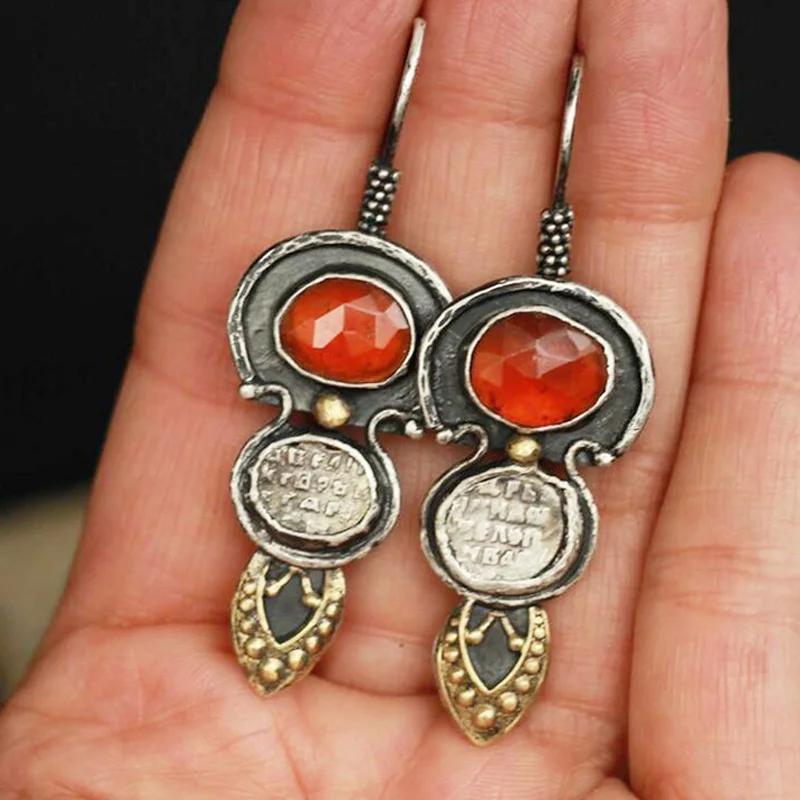 

New Vintage Conical Drop Earrings for Women Ethnic Engraved Letters Red Stone Statement Earrings Jewelry