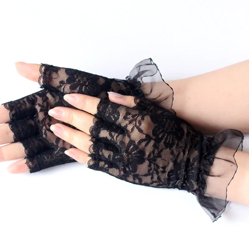 

Women Fashion Summer Lace Gloves Fingerless Sexy Tulle Flower Mesh Black Mitten Short Driving Sun Gloves Female Party Mittens
