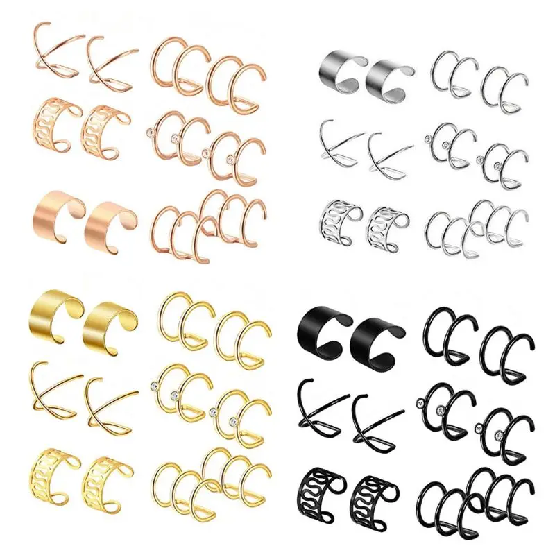 

6 Pairs Simple Ear Cuff Clips Non Piercing Earrings Stainless Steel Jewelry