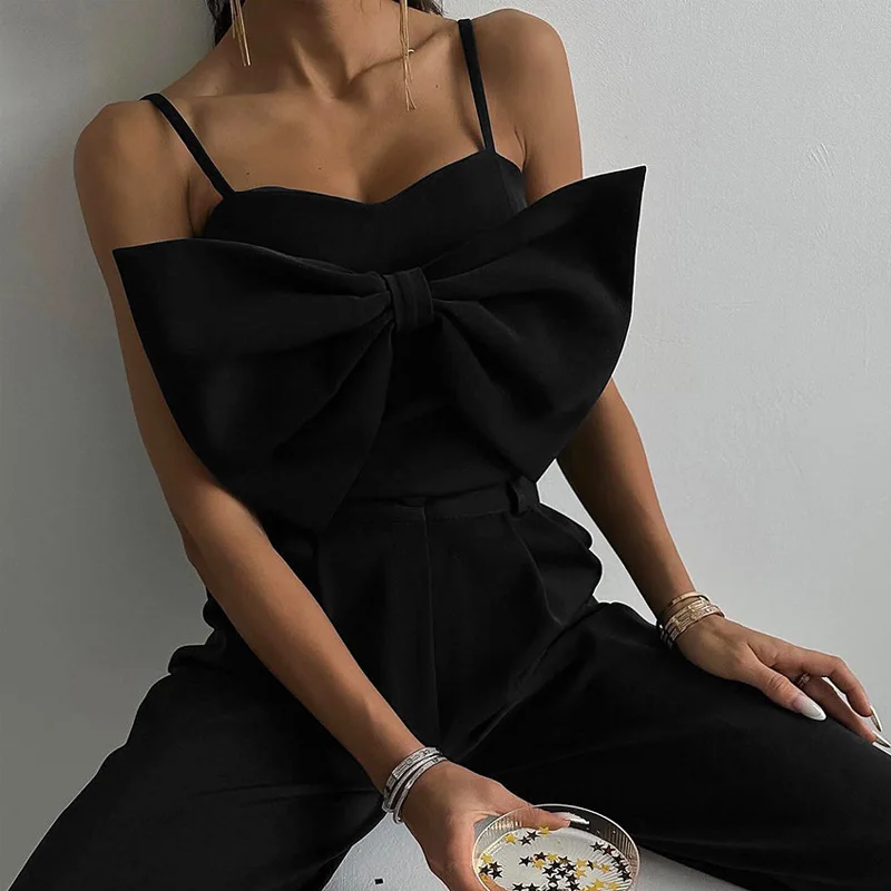 

Women Sexy Hollow Out Solid Sling Tank Suits Fashion Party Two Piece Set Elegant Bowknot Crop Top And Long Pants Commute Outfits