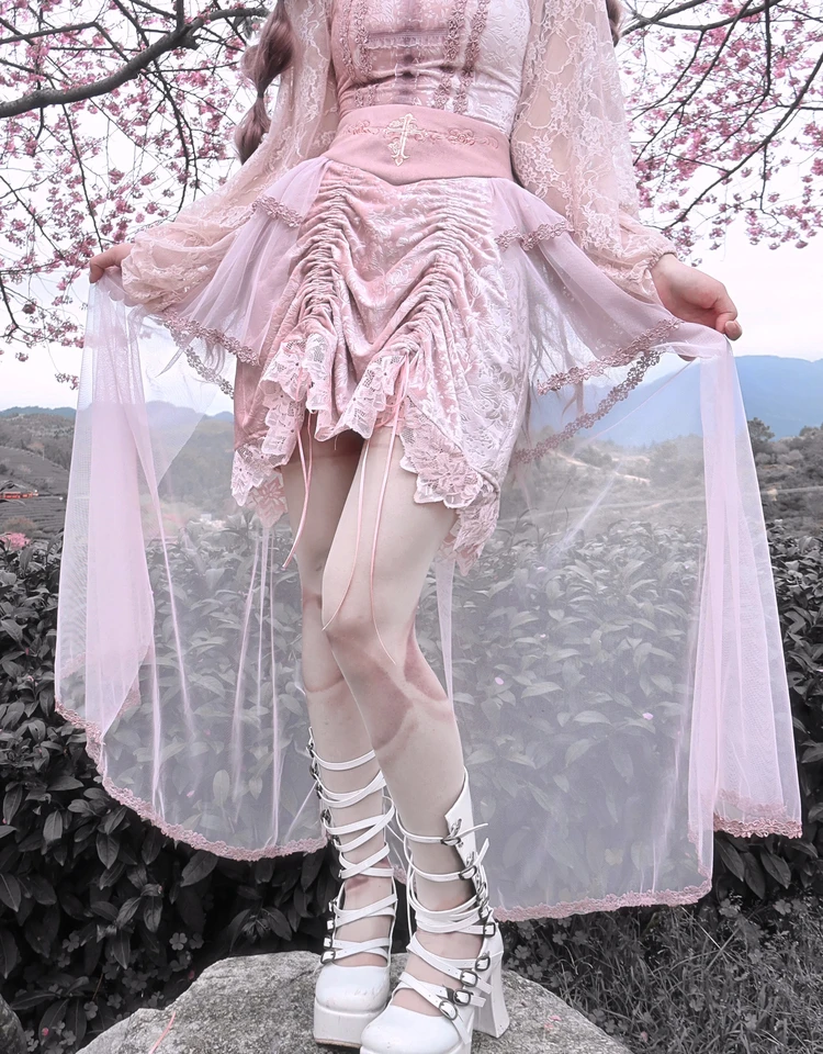 Blood Supply Original Pink Mesh Skirt Asymmetic Drawstring Spring New Romantic Gothic Velvet Lotus Embroidery Palace Skirts