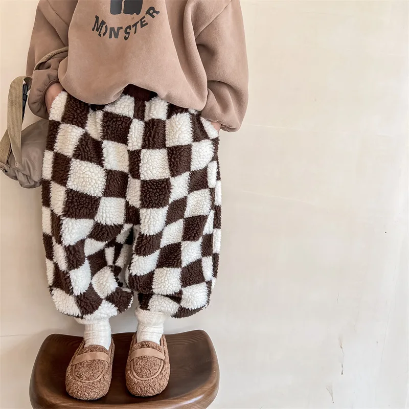 

2023 Winter New Children Warm Plaid Pants Cotton Baby Plush Trousers Casual Girls Harem Pants Loose Kids Lamb Fleece Pants