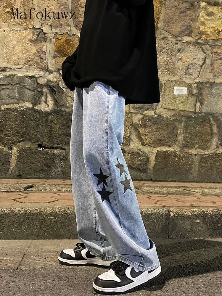 

Personality Star Print Jeans Men's 2022SS New Loose Straight Pants Trend Hip Hop Wide-leg Trousers Kpop Oversized Denim Pants