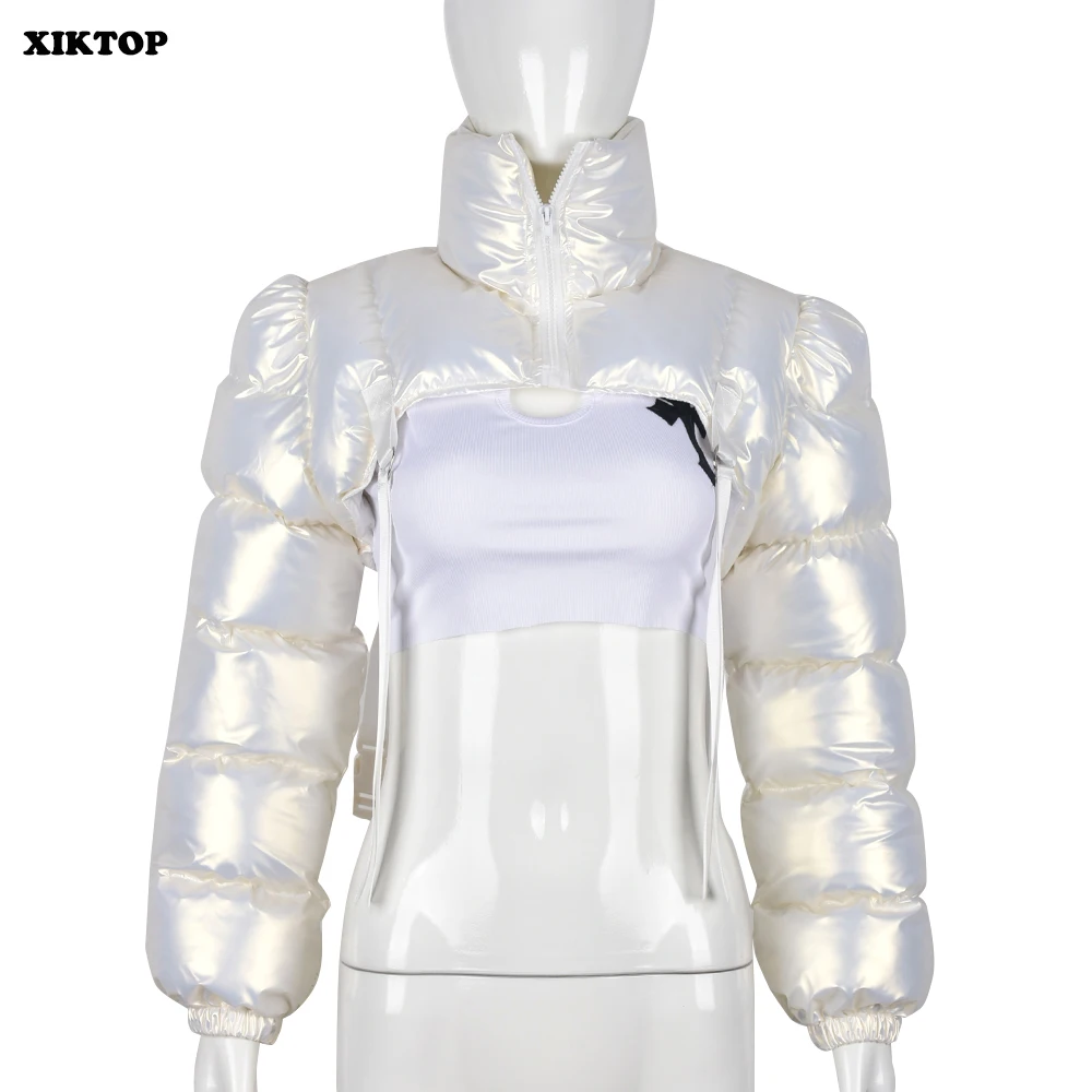 XIKTOP Women Coat 2022 Autumn Winter Sexy Cropped Jacket Y2k Solid Zipper Short Bubble Outwear Female Basic Street