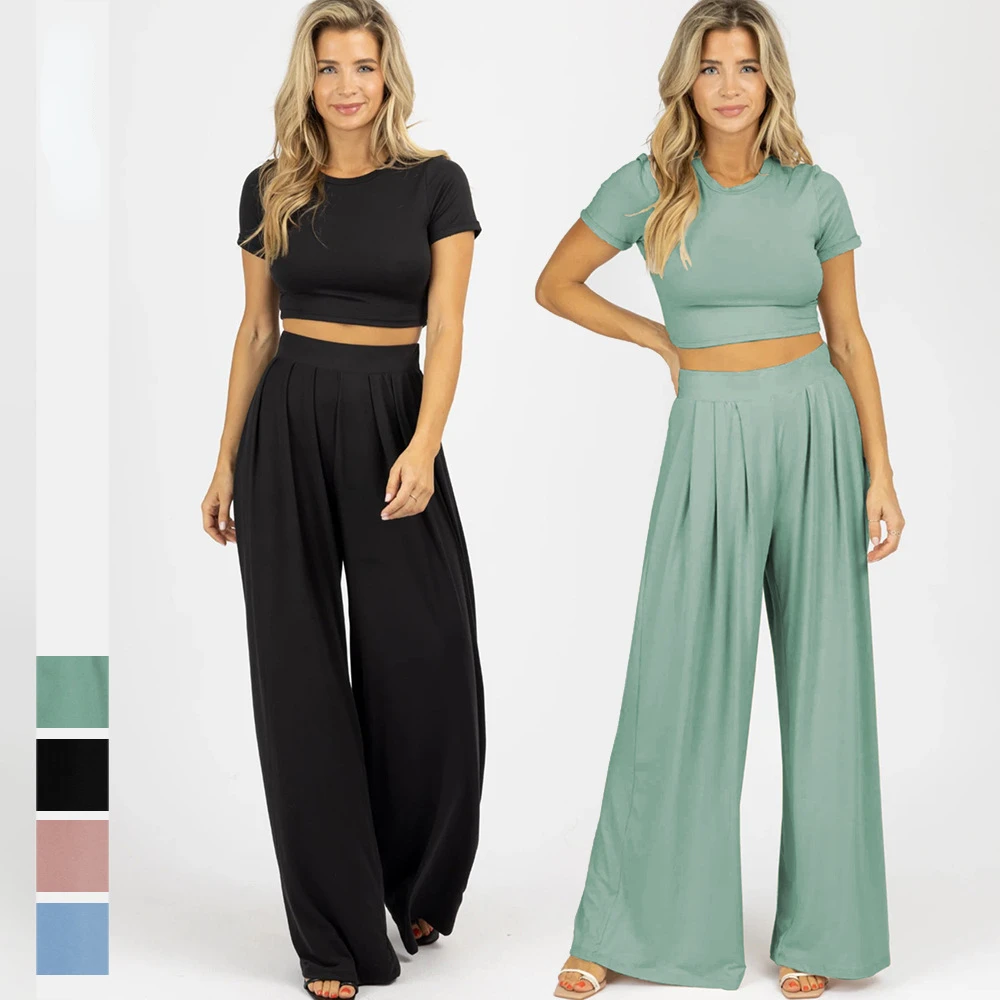 

Fashion Solid Color Home Women's Clothing for Women Short-sleeved T-shirt Wide-leg Mopping Pants Suit