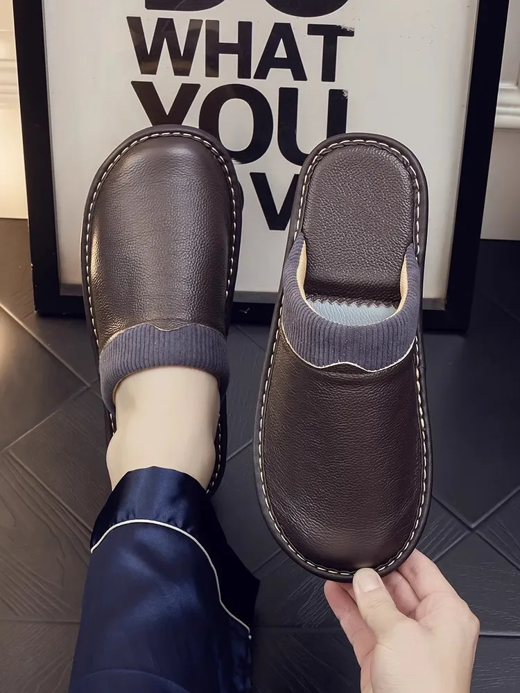 Домашние утолщенные тапочки на мягкой подошве из воловьей кожи