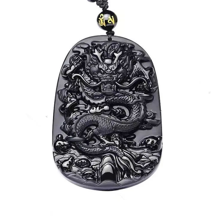 Ожерелье из натурального черного обсидиана с подвеской-драконом
