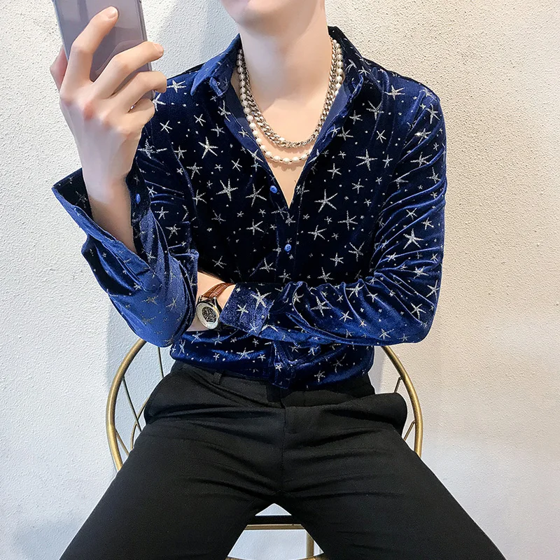 

Top Quality Gold Velvet Spring Long Sleeve Casual Floral Shirts Men Clothing 2022 Simple Slim Fit Streetwear Stretched Tuxedo