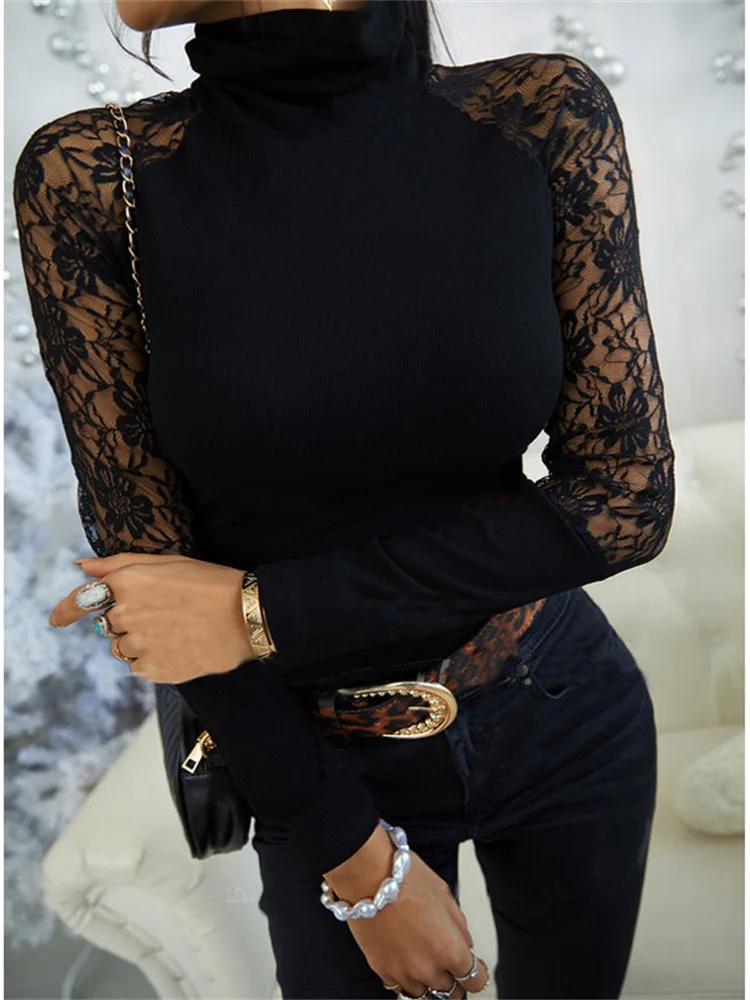 

2022 New Blouses Women Casual Fashion Lace Long Sleeve Turtle Neck Shirts Lace Patchwork Solid Color Slim Fit Cotton Blouse Top