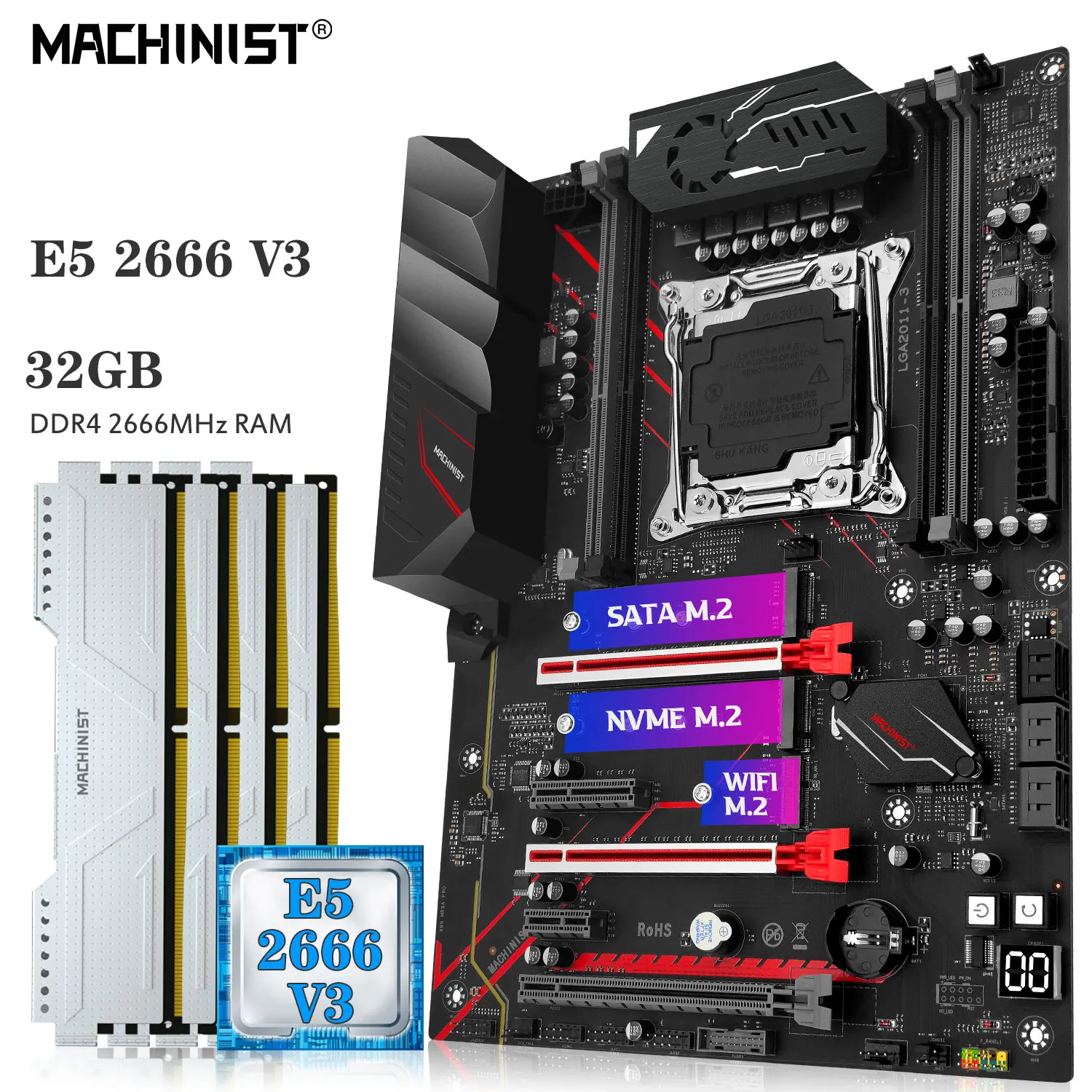 

MACHINIST X99 материнская плата Combo LAG 2011-3 E5 2666 V3 Xeon Kit ЦП 4*8 ГБ DDR4 2666 МГц ОЗУ четырехканальный WIFI NVME M.2 MR9A PRO