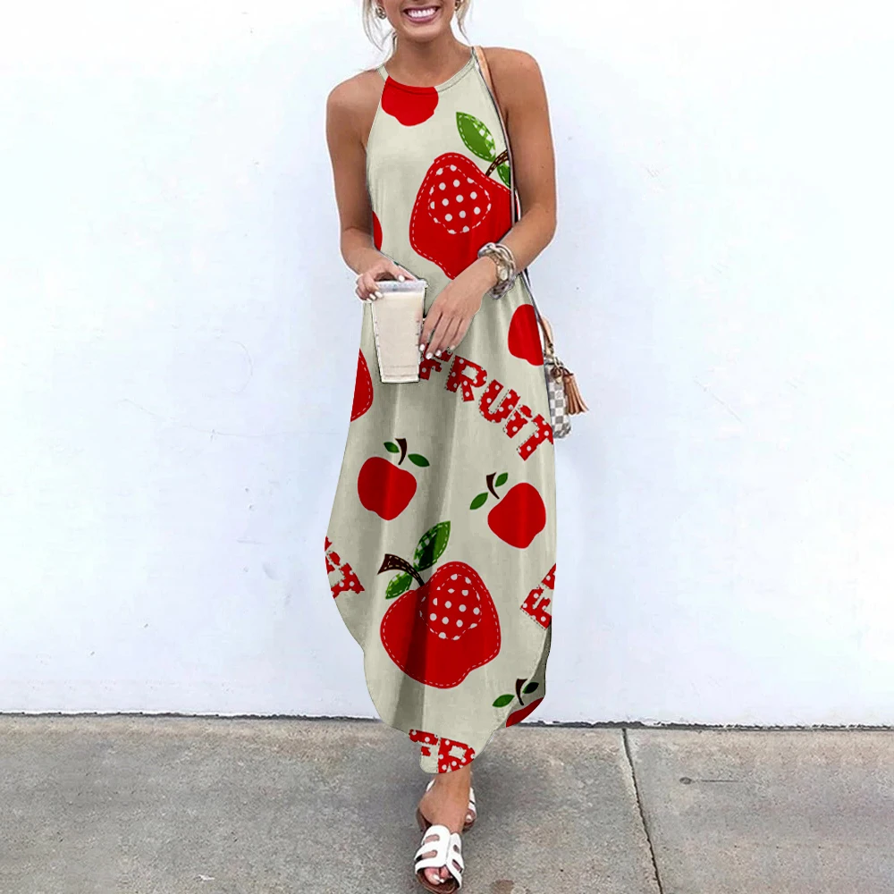 

Женское платье-макси без рукавов, с принтом фруктов
