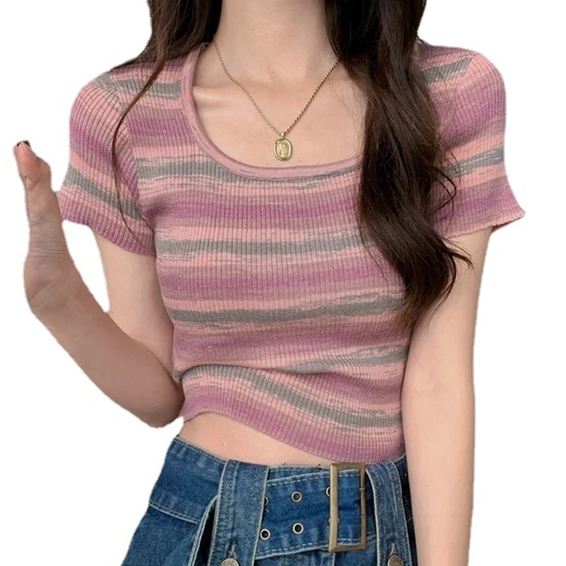 

J78E Women Short Sleeve Square Neck Crop Top Ribbed Knit Colorful Stripe Slim T-Shirt