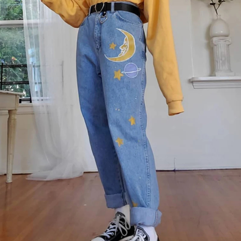 Women Loose Baggy Indie Aesthetic Jeans Mom Jeans 2023 New Casual Fashion People Print Denim Pants Womens All Match Clothing