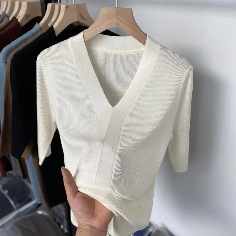 Женский свитер с коротким рукавом и V-образным вырезом полосатая трикотажная