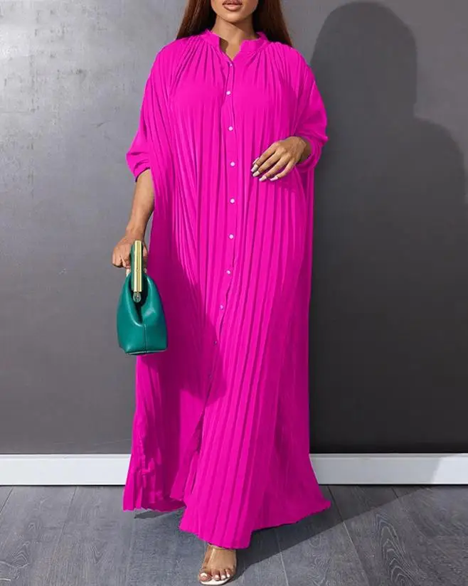 

Women's Dress 2023 Spring/Summer Fashion Long Dresses Casual Three Quarters Pleated Button Design Solid Color Maxi Elegant Dress