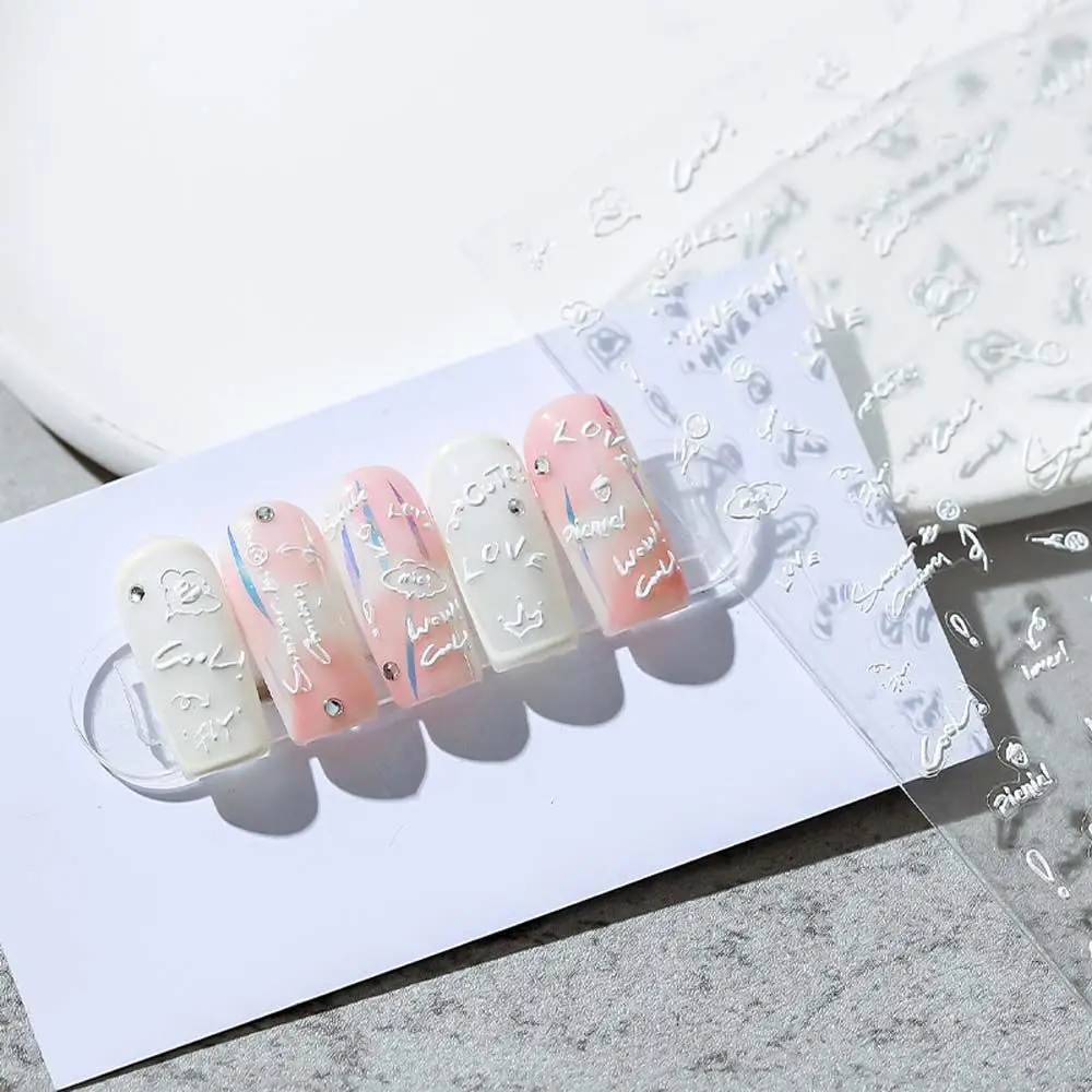 

Slider Wraps White Embosse Design Manicure English Letters Flower Nails Decals 5D Engraved Nail Sticker Nail Art Decoration