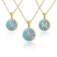 gd trendy 18k blue shell letter coin pendant necklace for women gold plated initial 26 alphabet stainless steel necklace jewelry