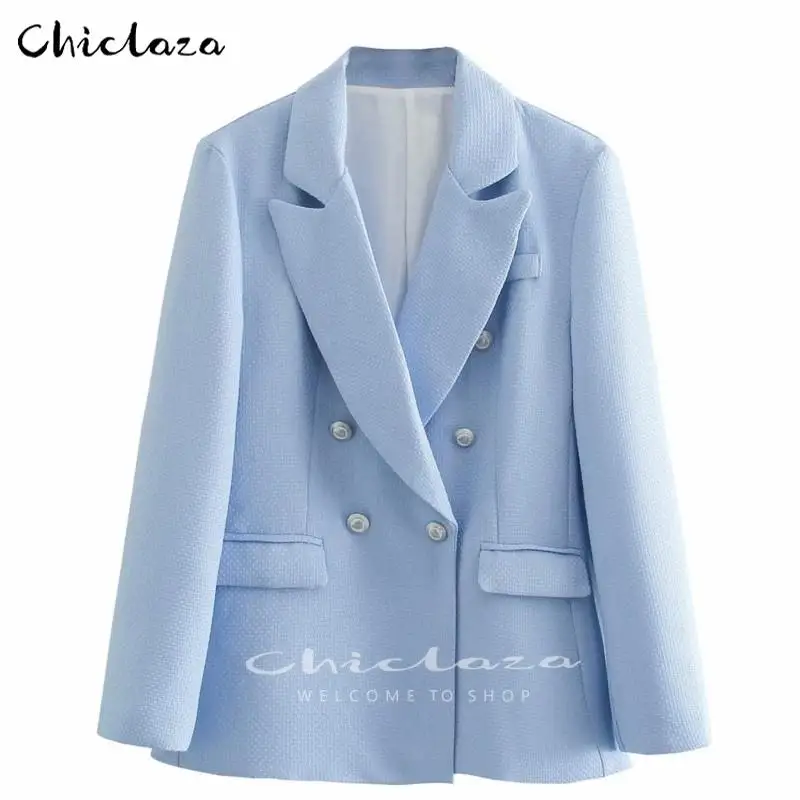 

CHICLAZA Women 2022 Spring Autumn Chic Button Double-Breasted Blazer Jacket Female Office Ladies Blue Suit Coat
