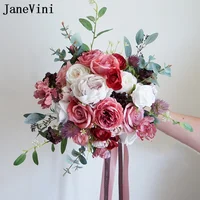 Janevini Vintage Artificial Wedding Bouquets Bridal Burgundy Blush Pink Roses Outside Wedding Bride Flowers Hochzeit Bouquet