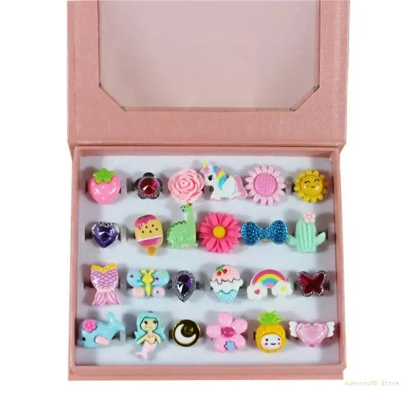 

Y4UD 24pcs Kids Role Play Jewelry Rings Box Adjustable Rings Shimmering and Stylish Little Girl Jewelry Rings Crystal Flower