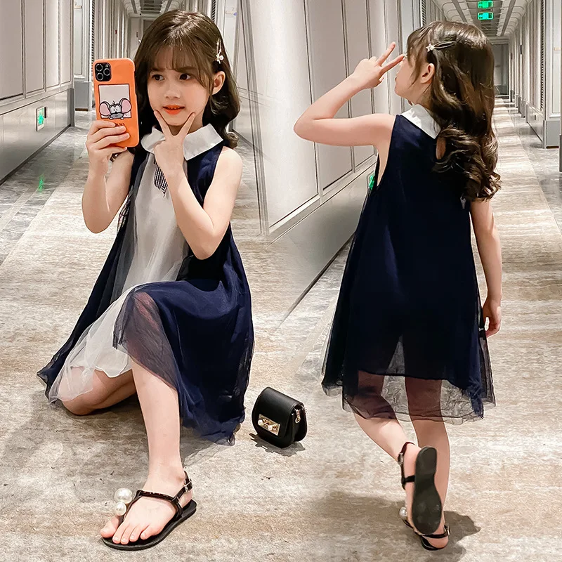 

2022 New Tulle Summer Dress Kids Girl Sweet Princess Dresses 3 To 13 Year Old Girl Clothes Lapels Paneled Double Layer Dress