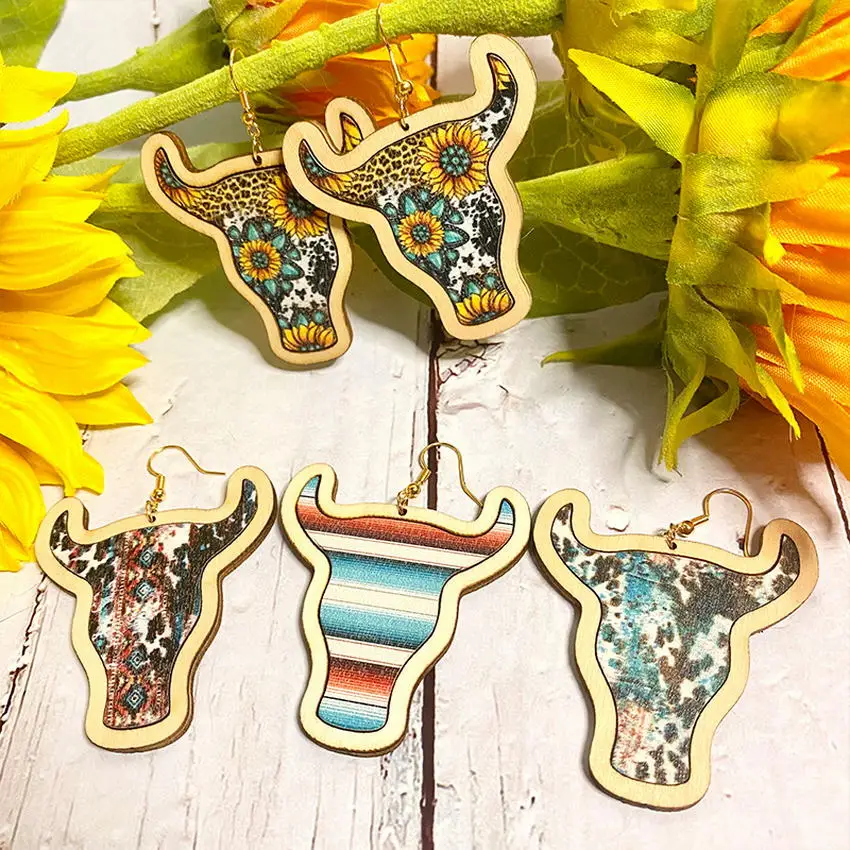 Wooden Cow Head Bezel Sunflower Cheetah Stripe Pattern Print Earrings 2022 Newest Western Jewelry Wholesale |