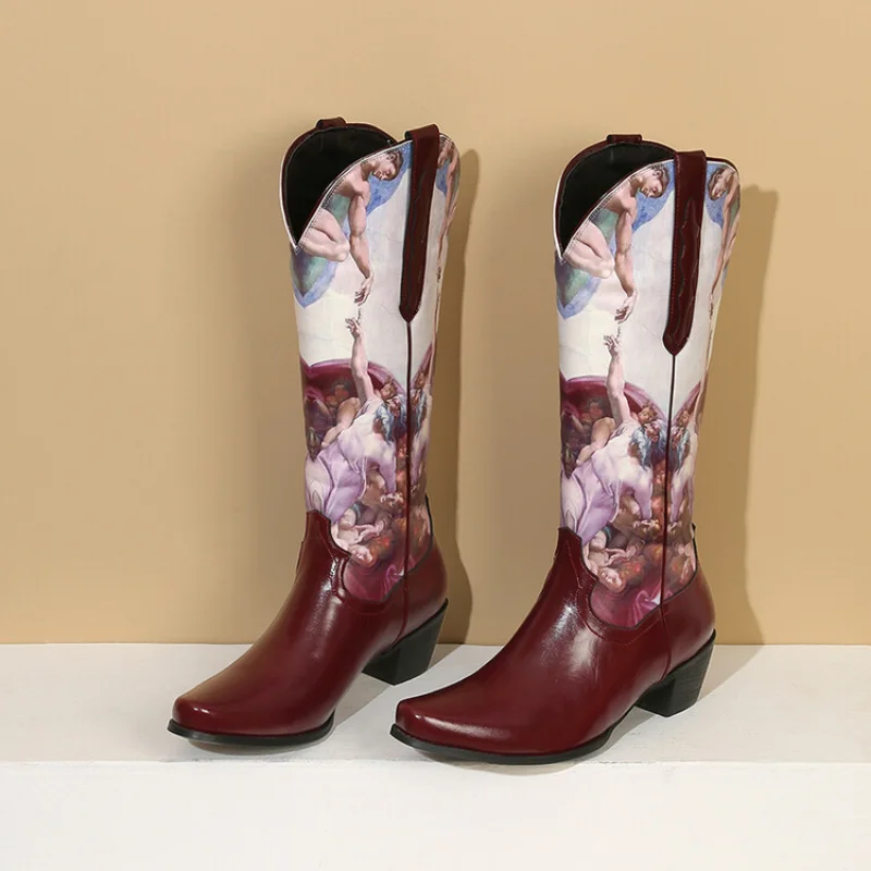 2023 New European-style Printed Oil Painting Retro Knight Boots Pointed Toe Heel Thigh-high Boots Western Cowboy Boots A-0017