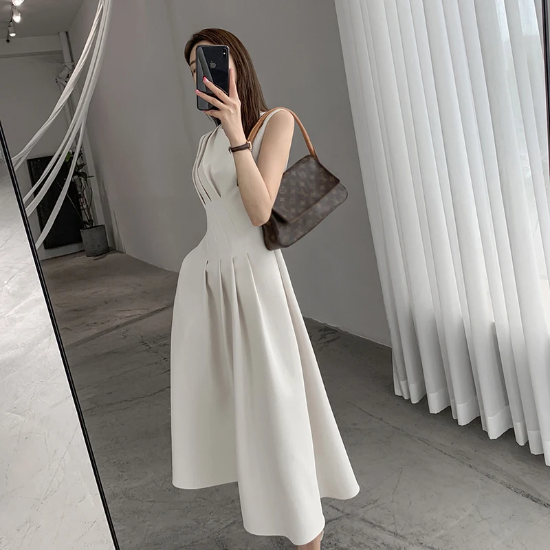 

SuperAen 2022 Summer New O Neck Waist Slimming Solid All Match Mid-Calf A-LINE Sleeveless Dresses for Women