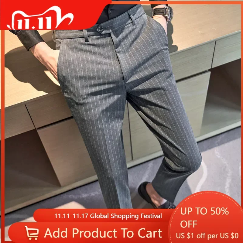 

Мужские черные полосатые костюмы, брюки в британском стиле, деловой повседневный костюм, брюки, мужская официальная одежда, свадебное платье, брюки, качество