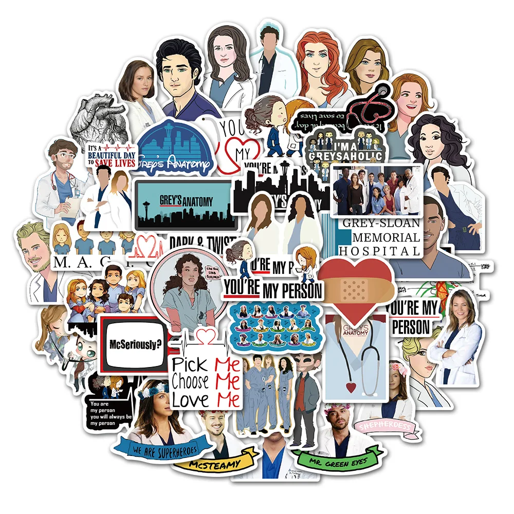 

10/30/50pcs TV Show Greys Anatomy Funny PVC Scrapbooking For Luggage Laptop Phone Decals DIY Album Cute Doctors Stickers