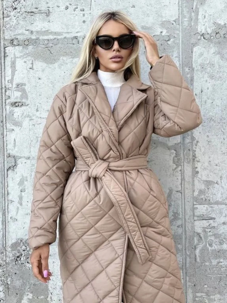 Winter Fashion White Argyle Parkas with Belt Women's Vintage Warm Khaki Cotton-padded Coats 2022 Ladies Long Jackets Streetwear
