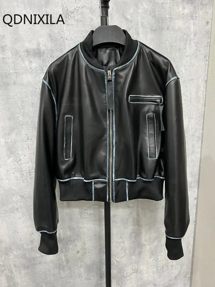 Baseball Collar White Lacquer Tie Dyeing Leather Jacket Women High Imitation Sheepskin Jackets Women's Moto Biker Zipper Jacket