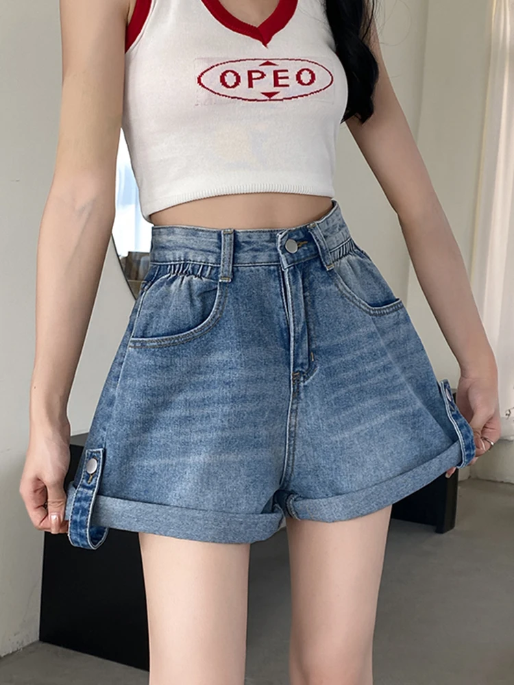 New Spring Summer Women Retro Loose Elastic Waist Blue Denim Shorts Streetwear Female Wide Leg Button Jeans Shorts