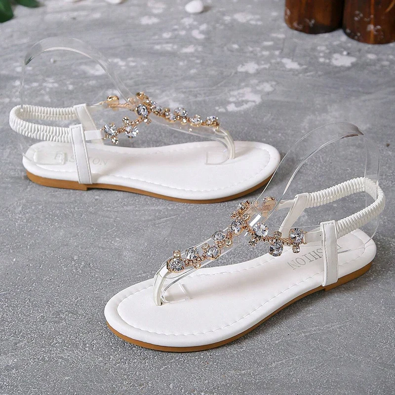 Women Sandal Glamorous Rhinestone Decor Glass Thong Sandals 2023 New Ankle Strap Summer Outdoor Slippers Casual Woman Shoes