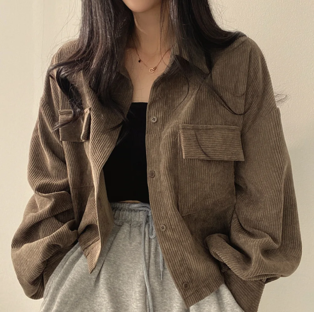 

Women's Shirt Coat 2023 Autumn Winter Thick Loose Solid Colour Jackets Turn-down Collar Pockets Temperament Casual Lady Clothing