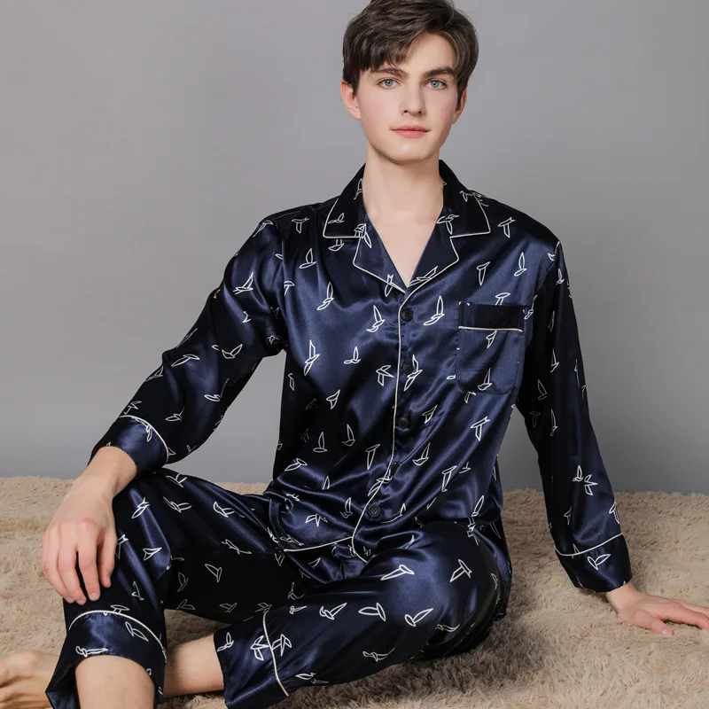 Flame Of Dream Men's Pajamas Spring Long Sleeved Silk Suit Men's Silk Trousers Home Clothes Ice Silk Thin Pajamas 22717