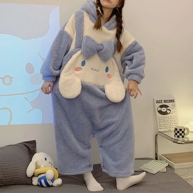 

Kawaii Sanrios мультфильм аниме Cinnamoroll Ститч Губка Боб осень и зима Слитная Пижама женская Милая теплая плюшевая домашняя одежда