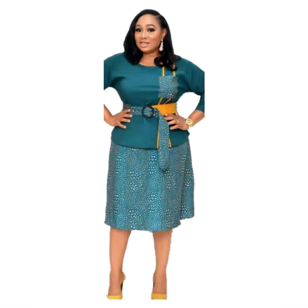 

2021 Ladies Hot Sale African Turkey Style Plus Size 3/4 Sleeve Patchwork Printed Sashes Pockets Dress For Women