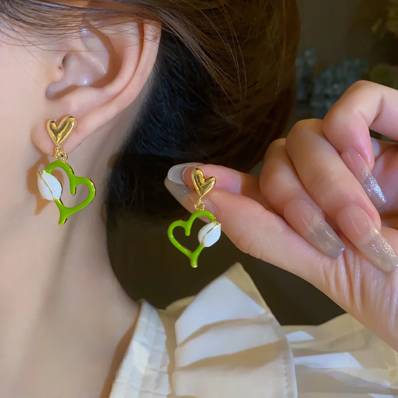 

KAITIN Dripping Oil Tulip Heart Earrings for Women Fashion 925 Silver Needle Drop Earring Temperament Luxury Designer Jewelry