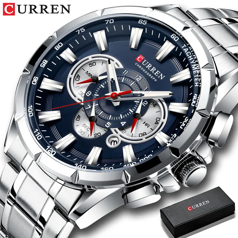

CURREN New Casual Sport Chronograph Men's Watches Stainless Steel Band Wristwatch Big Dial Quartz Clock with Luminous Pointers