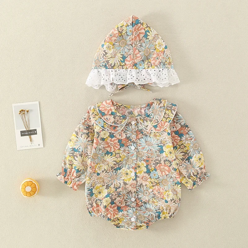 

Summer Baby Girls Romper+Hat Cotton Peter Pan collar Ruffles Lace Long Sleeve Infant Newborn Jumpsuits Bebe Cute Garments 3-24M