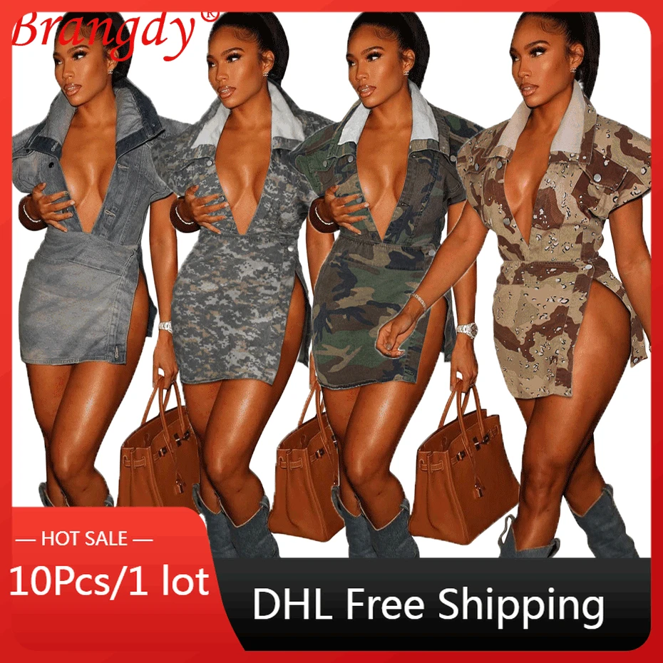 

Женский повседневный комплект из 10 предметов, моющаяся юбка Y2k без рукавов с высоким разрезом, камуфляжное платье с карманами и принтом, B11251
