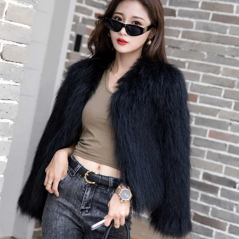 Faux Fox Fur Knitted Fur Coat Women's Winter Warm Plush Jacket Faux Mink Fluffy Long Sleeves Parkas Fashion Faux Fur Teddy Coat